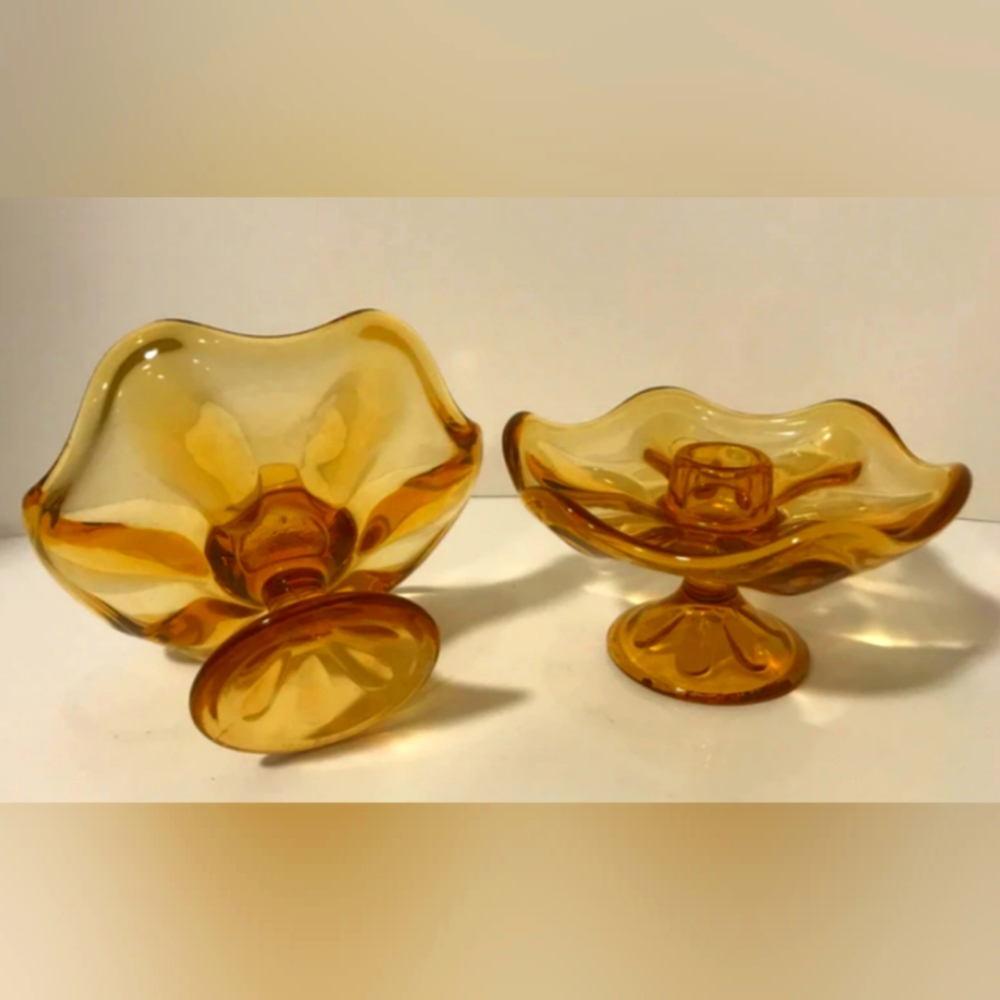 Vintage Candle Holders by Viking Glass Co “Epic” Amber/Gold Glass.